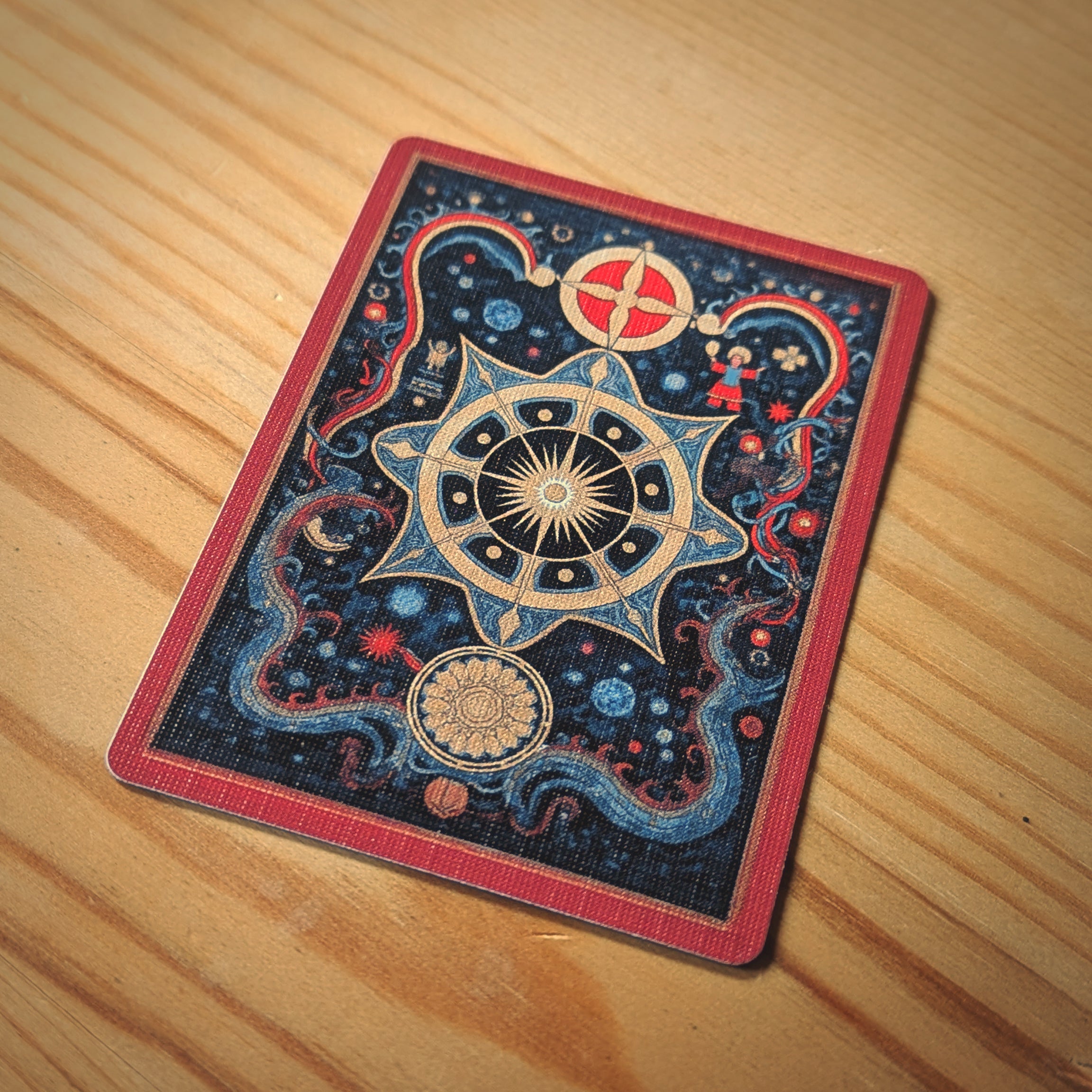 Decorative card with celestial design on a wooden surface
